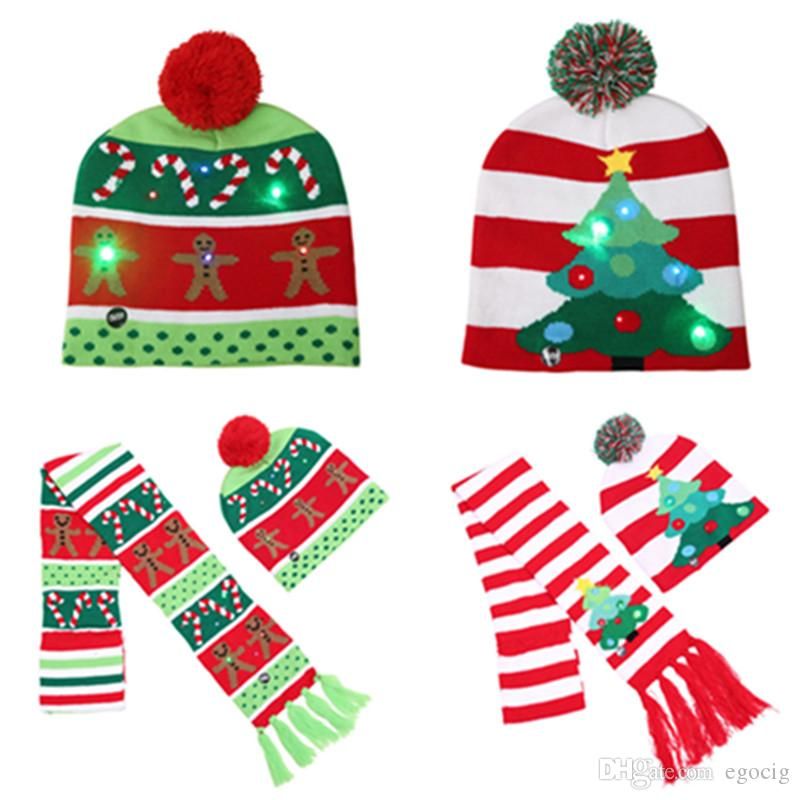 LED Christmas Knitted Hat Scarf Kid Adults Santa Claus Snowman Reindeer