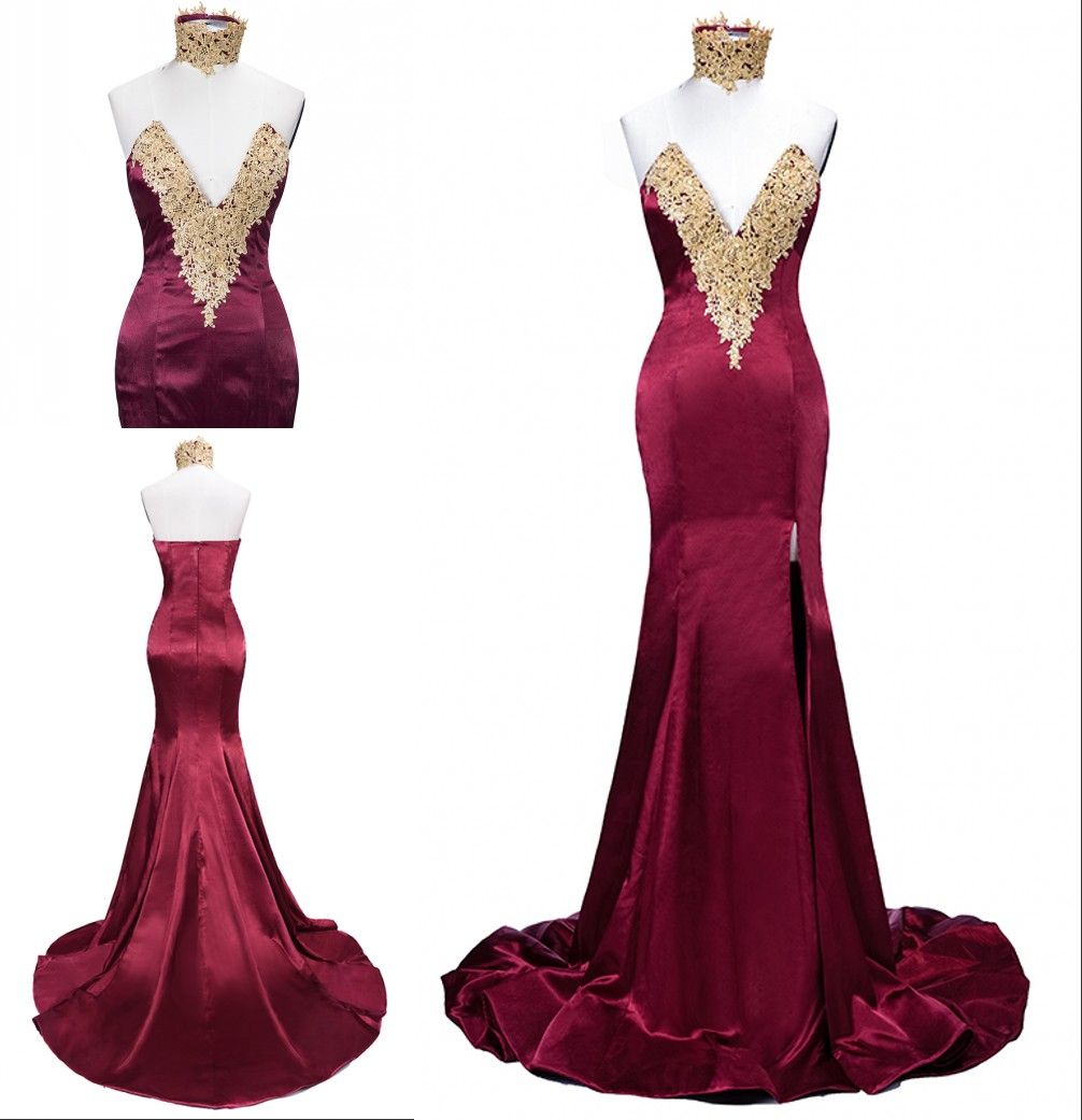 African Cheap Burgundy Prom Dresses Deep V Neck With Gold Appliques