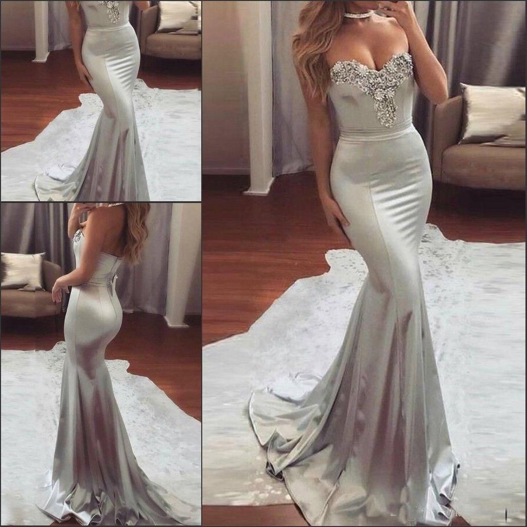 Silver Mermaid Prom Dresses Long 2019 Strapless Sleeveless Sexy Formal