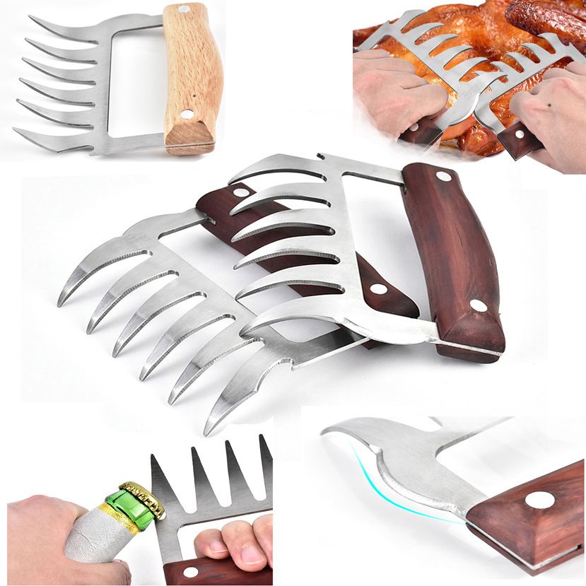 2021 Metal Meat Claws Stainless Steel Meat Forks With Wooden Handle Durable BBQ Meat Shredder