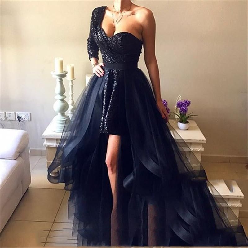 2020 Chic Black Bridal Detachable Train Ruffles Tiered Long Women Tulle ...