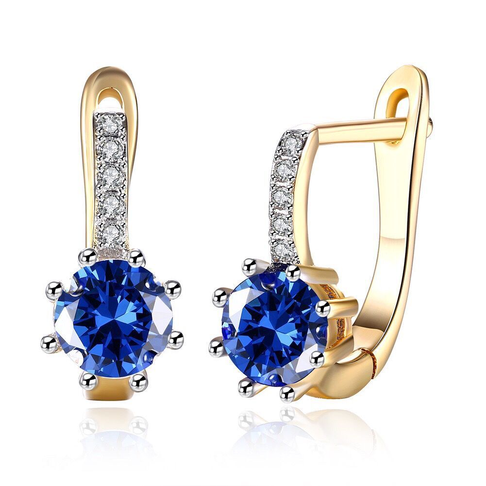 Wholesale 18K Yellow Gold Filled Huggie Hoop Big Blue Cubic Zirconia Earrings