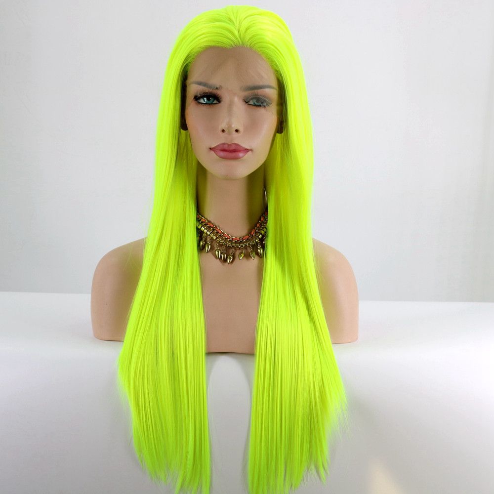 Natural Long Silky Straight Hair Neon Yellow Color Synthetic Lace Front  Wigs Heat Resistant Fiber Hair Cosplay Party Makeup Wigs