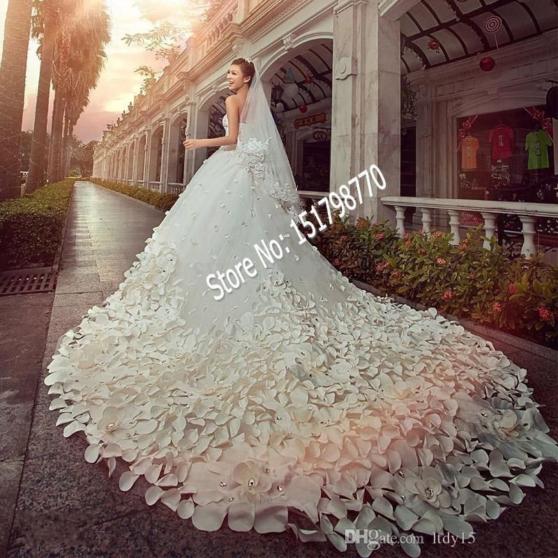 Luxury Crystal Beaded Lace Wedding Dress White//Ivory Cathedral Train Bridal Gown