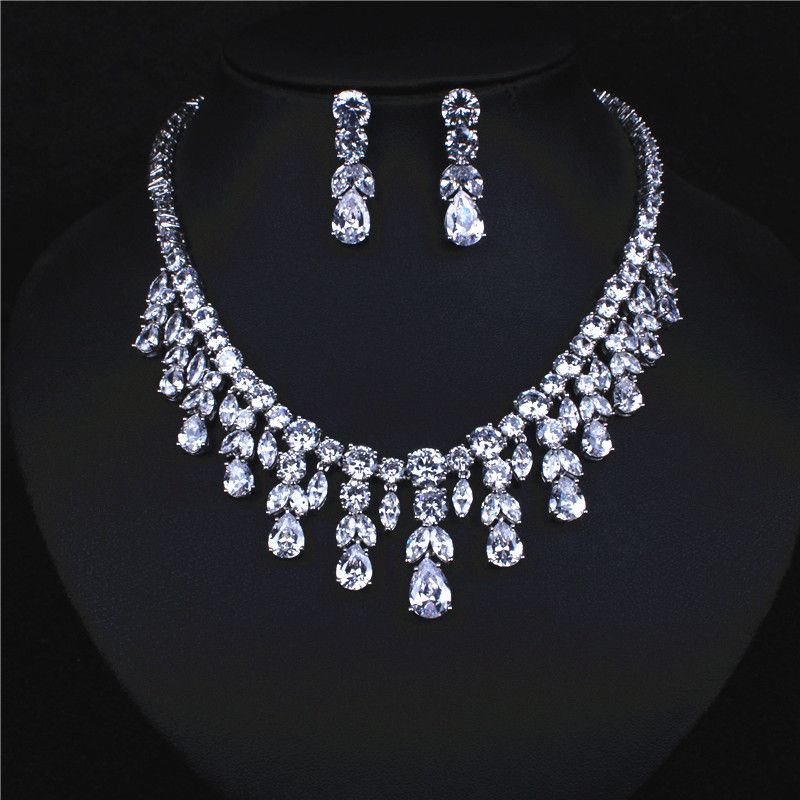 Shinning Silver Zircon Bridal Jewelry Sets Necklace Earrings Bridal ...