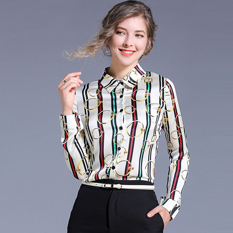 Blusas estampadas rayas primavera y otoño de mayor venta Runway Blusas de