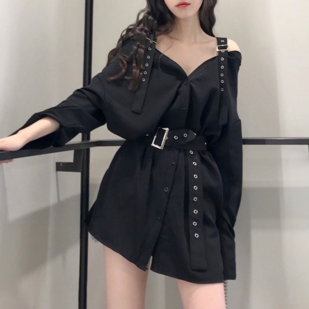 Vestido de las mujeres rosadas Estilo coreano gótico Vestidos negros Vestidos de cinturón recto Botón Casual Vestido de las mujeres rosadas Estilo coreano gótico Vestidos negros Vestidos de cinturón recto Botón Casual
