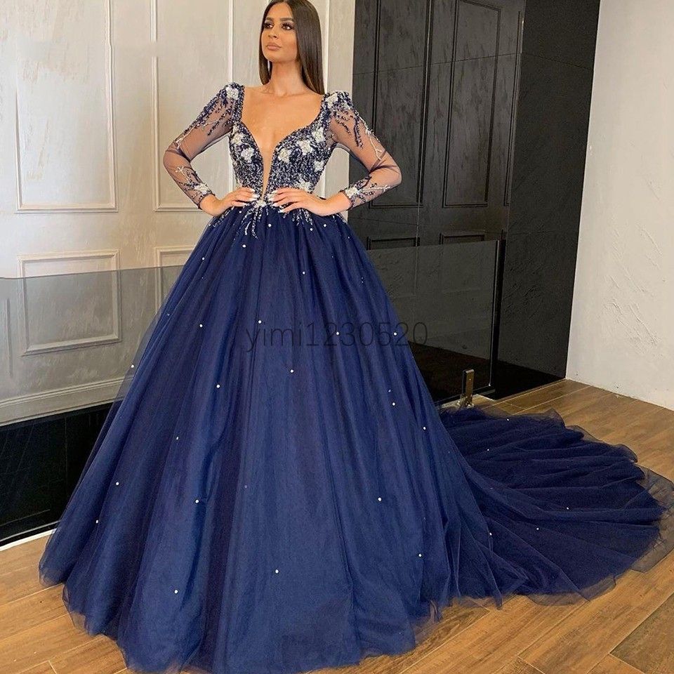 Compra Azul Marino Oscuro Vestido De Gala Vestidos De Noche Profundo Cuello  En V Manga Larga De Encaje Hasta La Espalda Del Tren Del Barrido Granos Del  Cristal De La Ilusión Formal