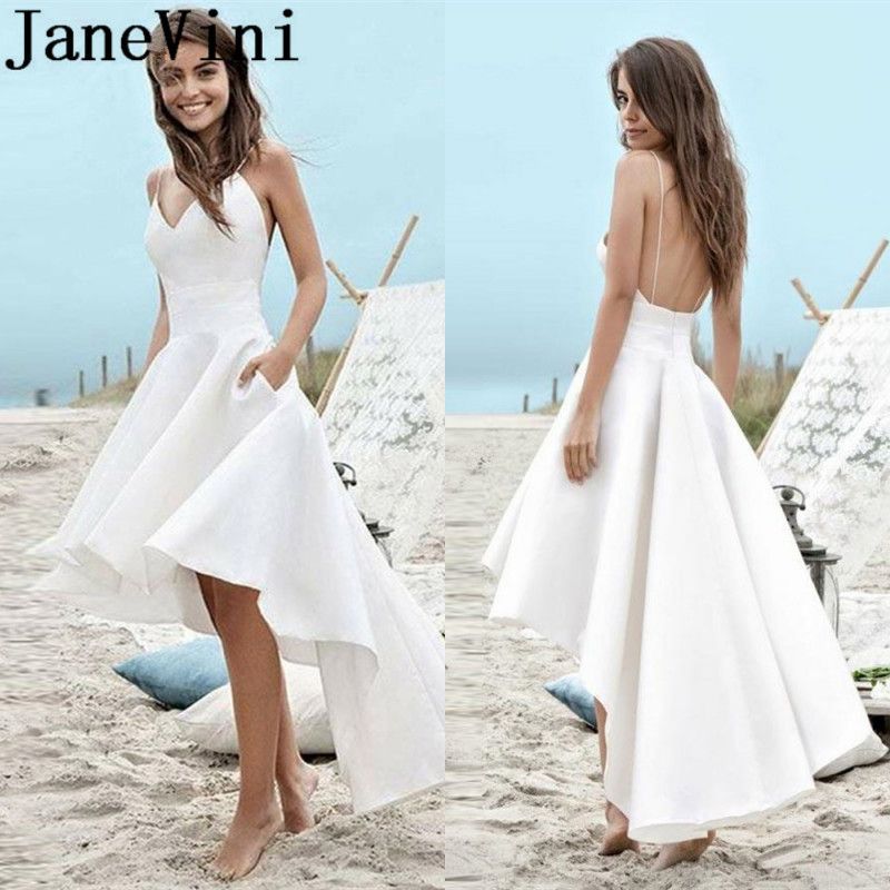 Discount Janevini High Low Beach Wedding Dress 2019 Boho Backless Bride Dresses Sexy V Neck Vestido Short Front Long Back Bridal Gowns Short A Line