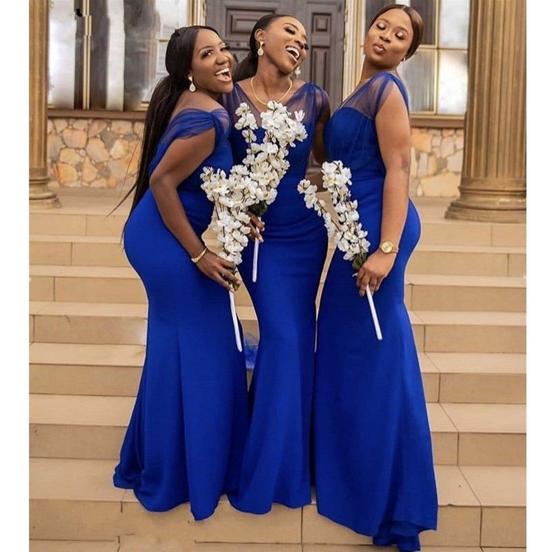 Royal Blue Satin Sheer Cuello V-Cuello con cuello en V Vestidos de dama de honor Royal Blue Satin Sheer Cuello V-Cuello con cuello en V Vestidos de dama de honor