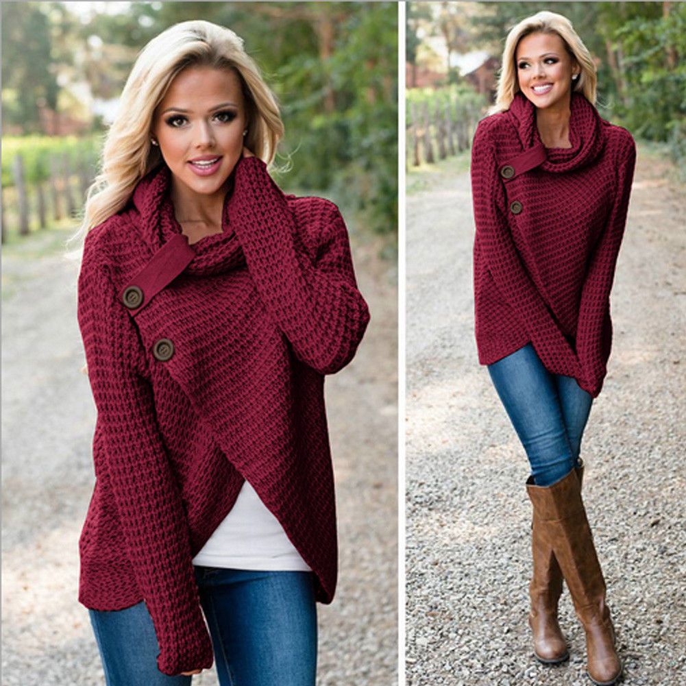 Women's chunky turtle cowl neck asymmetric on sale hem wrap sweater coat with button details