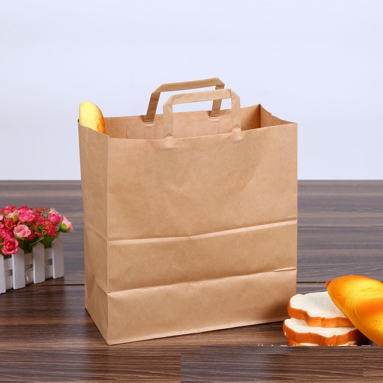 2020 Kraft Paper Bread Bags Packaging Tote Handle Brown Die Cut
