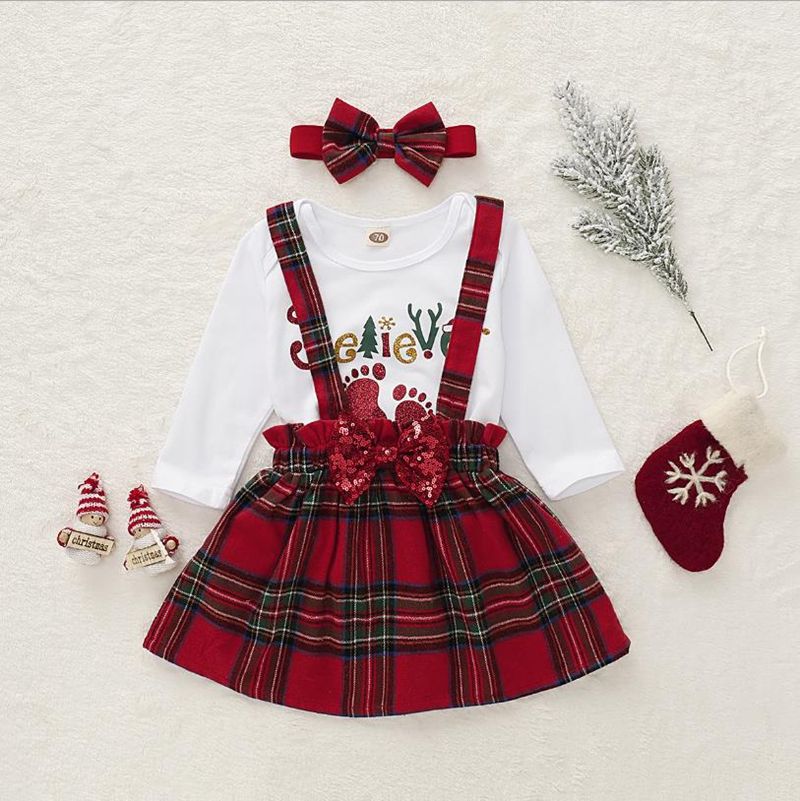 La de ropa infantil niñas Carta Romper falda de tela escocesa arco de la venda