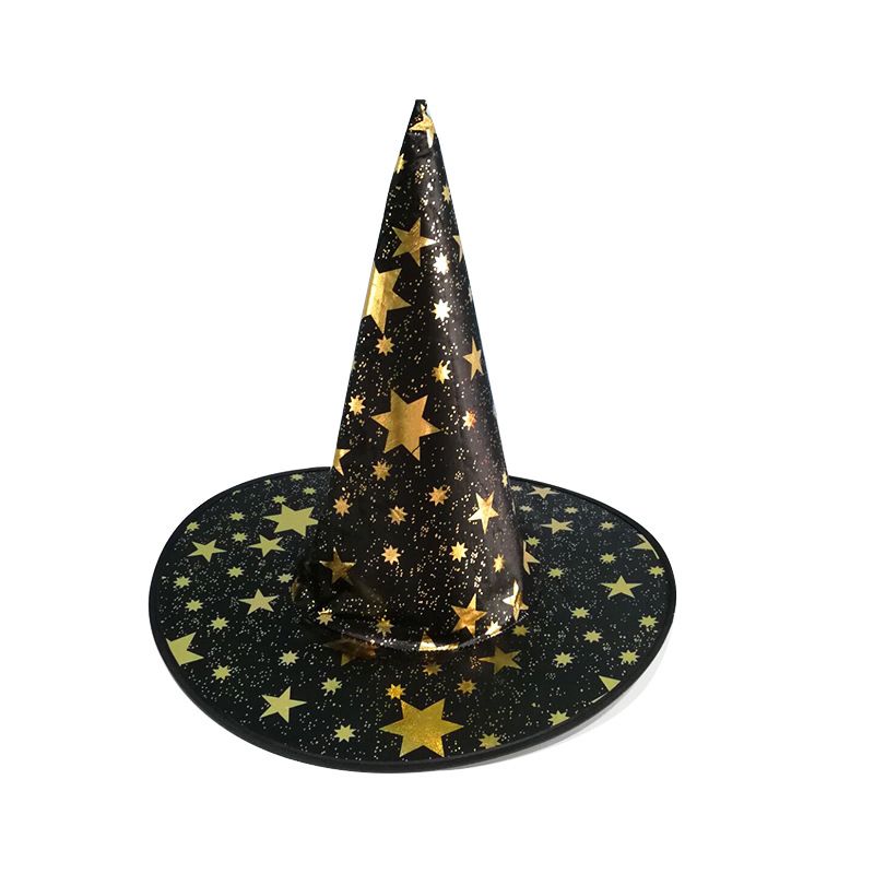 Adult Womens Witch Hat for Halloween Costume Accessory Goldtone Star Print Magic Pointed Wizard Cap