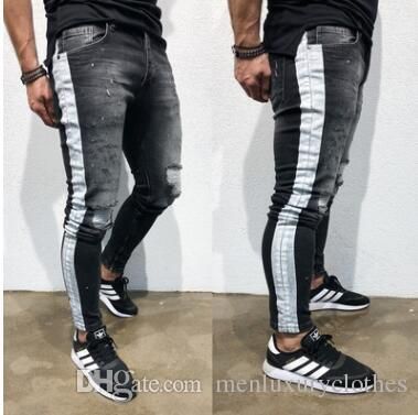 Compre Jeans Hombre Hombre Pantalones Jeans Rasgados Lado Negro A