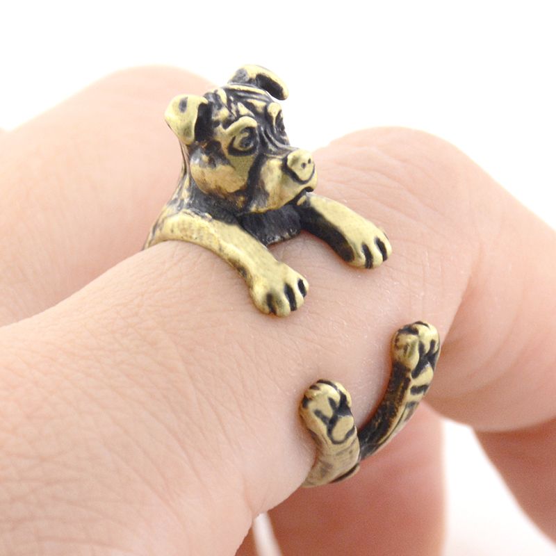 Antique Silver 3D Pit Bull Puppy Dog Animal Rings Vintage Boho Pitbull Wrap Ring