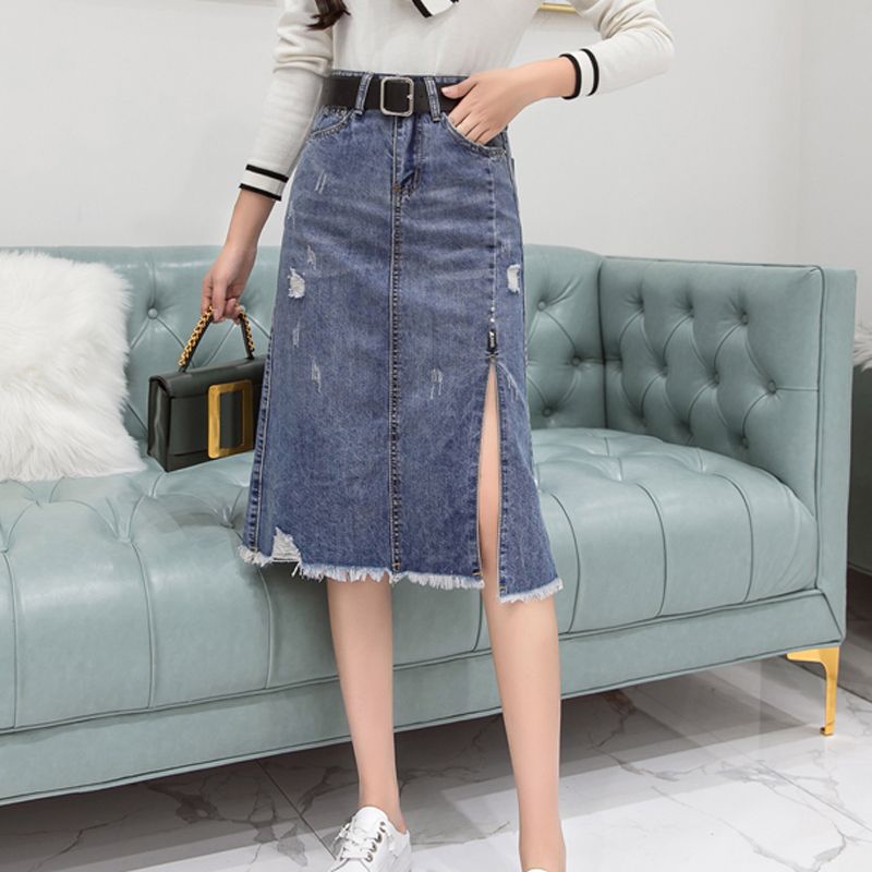 Compre Casual Rasgado Midi Jean Saia Mulheres Franjas Hem Lado Dividir Saias De Cintura Alta Saias Jeans Bottoms De Guoguo881, $78,97 | Pt.Dhgate.Com