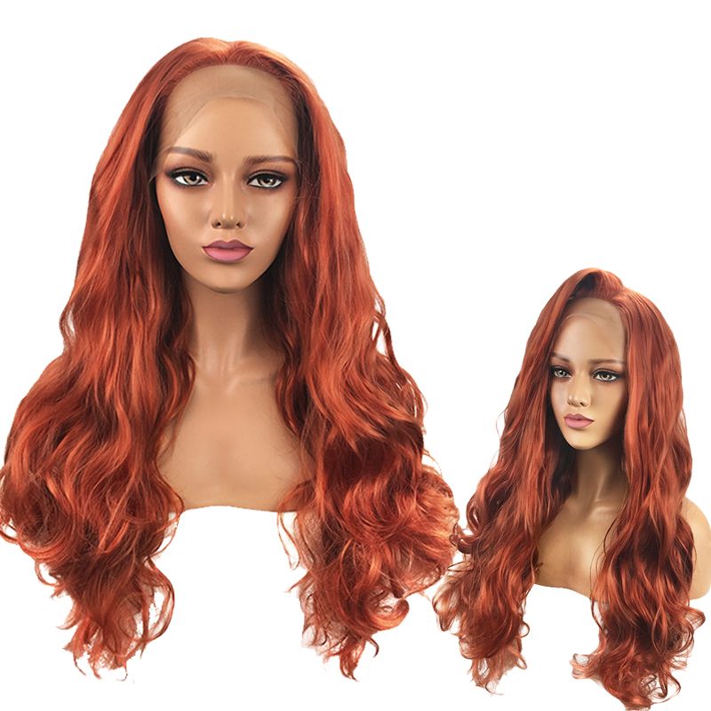 Long Copper Red Natural Wave Synthetic Lace Front Wig Pre Plucked Wavy
