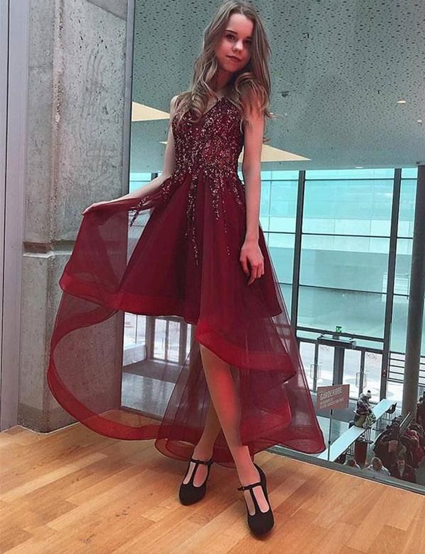 Burgundy High Low Beaded Dresses For Juniors V Neck