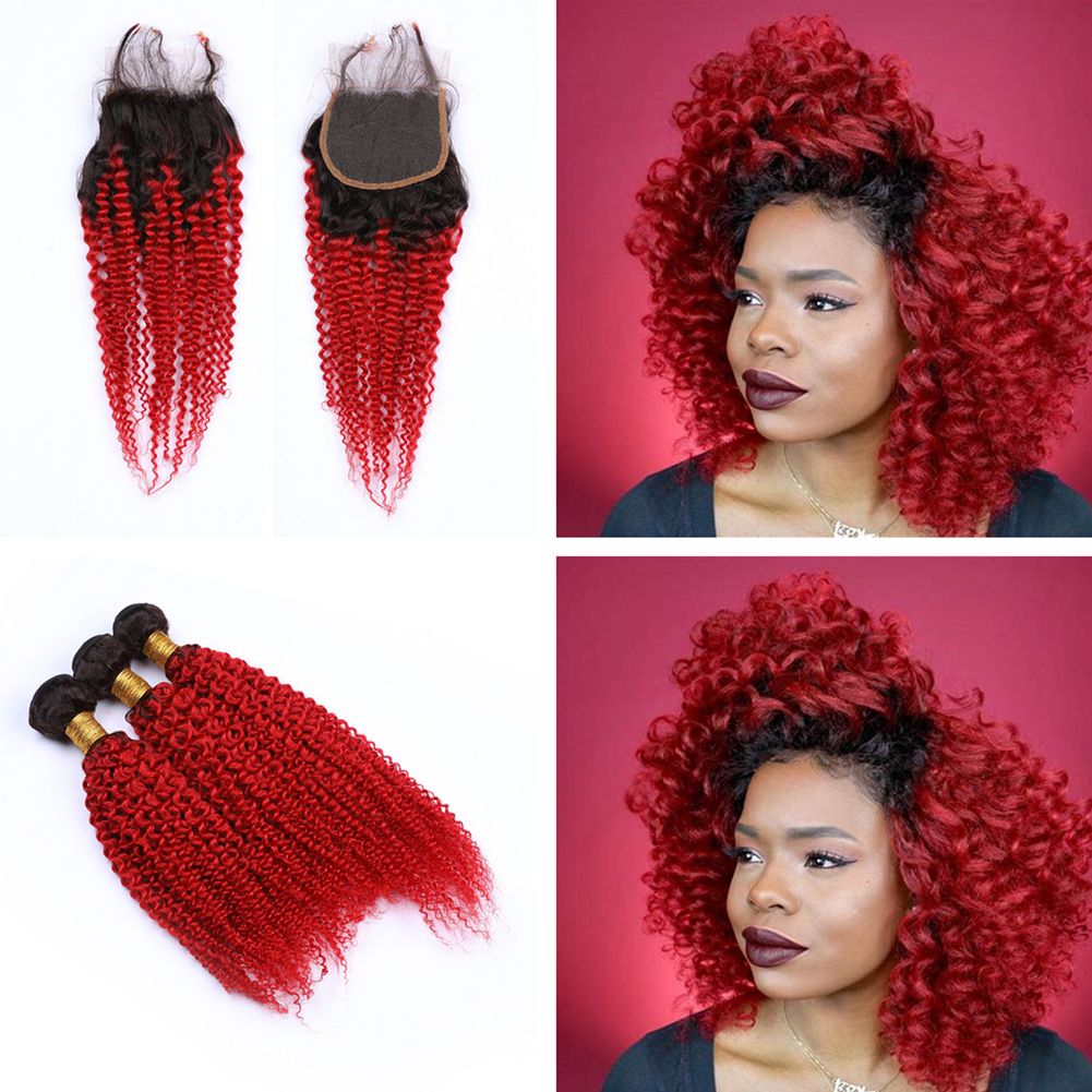 2020 Dark Roots Red Kinky Curly Hair Weaves With Lace Closure