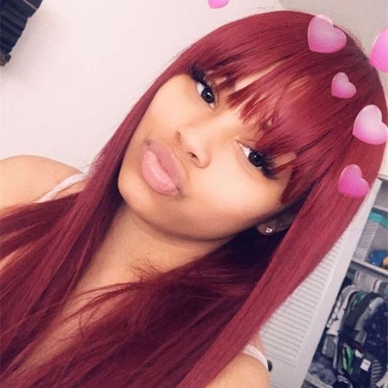 Wine Red 99J Silky Straight Lace Front Human Hair Wigs with Bangs Burgundy  Virgin Brazilian Full