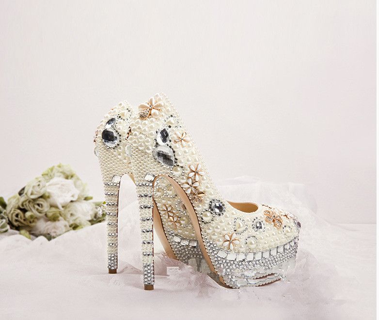 Luxurious Formal High Heel Waterproof Platform Wedding Shoes Pearl ...