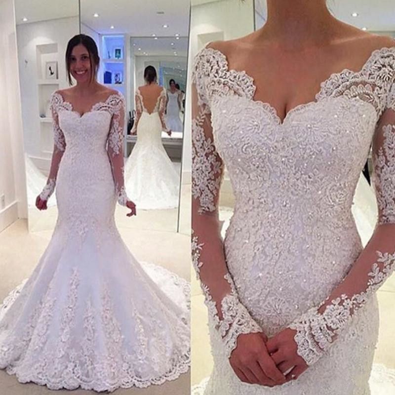 2019 Nueva sirena moderna Vestidos de novia Mangas largas Cuello en V Marfil Blanco Apliques de encaje Con cuentas Corte Tren Sheer Back Vestidos de novia personalizados 2019 Nueva sirena moderna Vestidos de novia Mangas largas Cuello en V Marfil Blanco Apliques de encaje Con cuentas Corte Tren Sheer Back Vestidos de novia personalizados