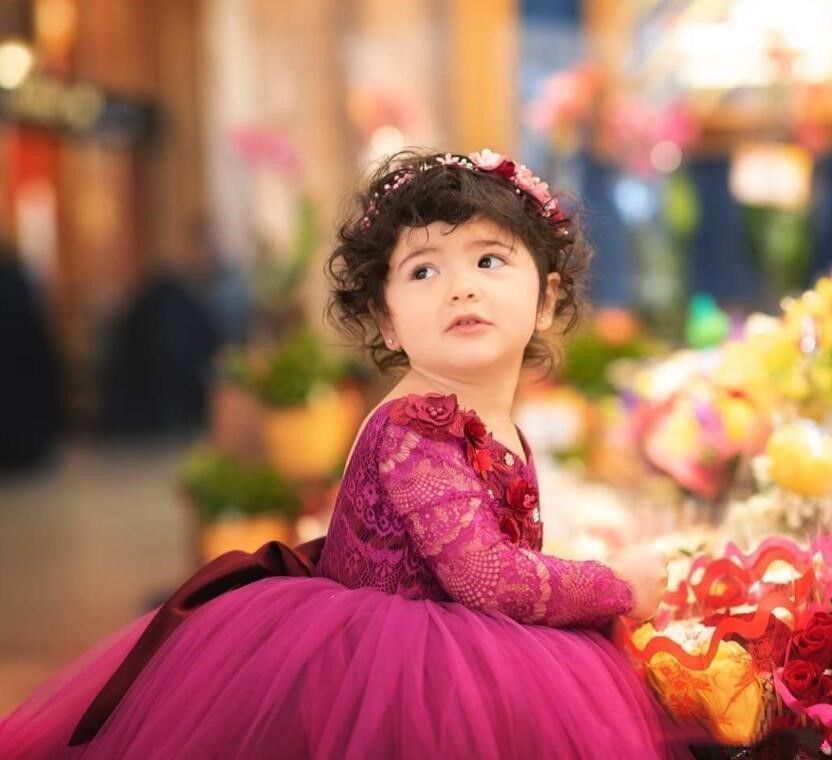 Princess Ball Gown Girls Pageant Dresses Vintage Lace Long Sleeve