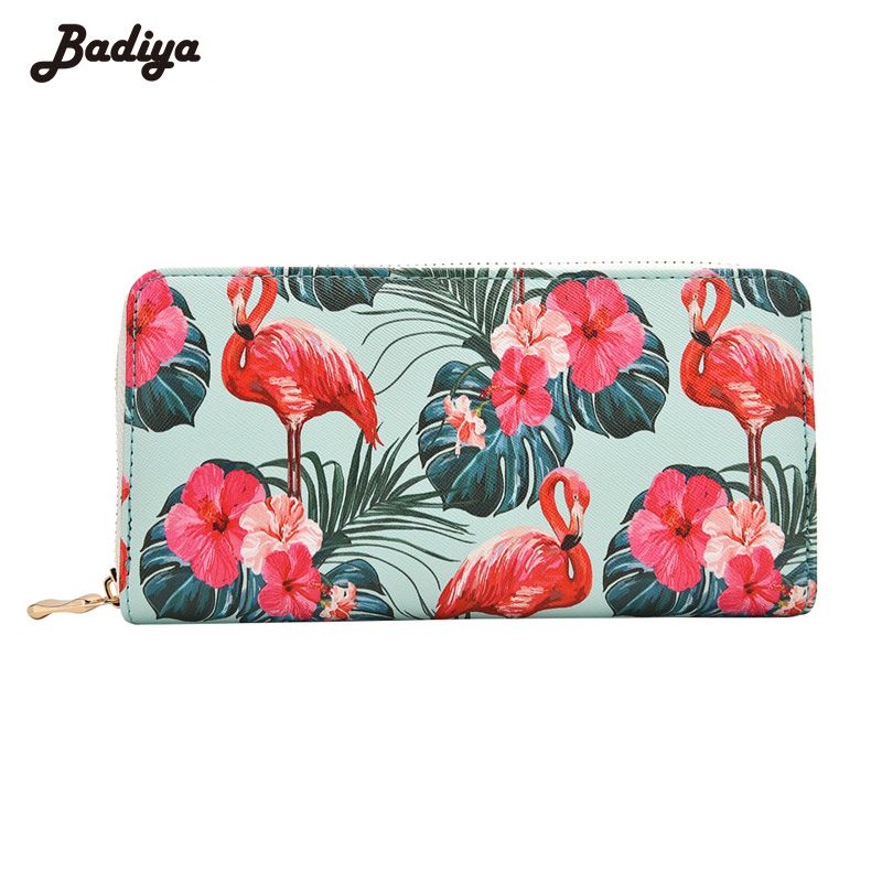 Women LeatherTropical Pattern With Pink FlamingosWallet Large Capacity Zipper Travel Wristlet Bags Clutch Cellphone Bag 