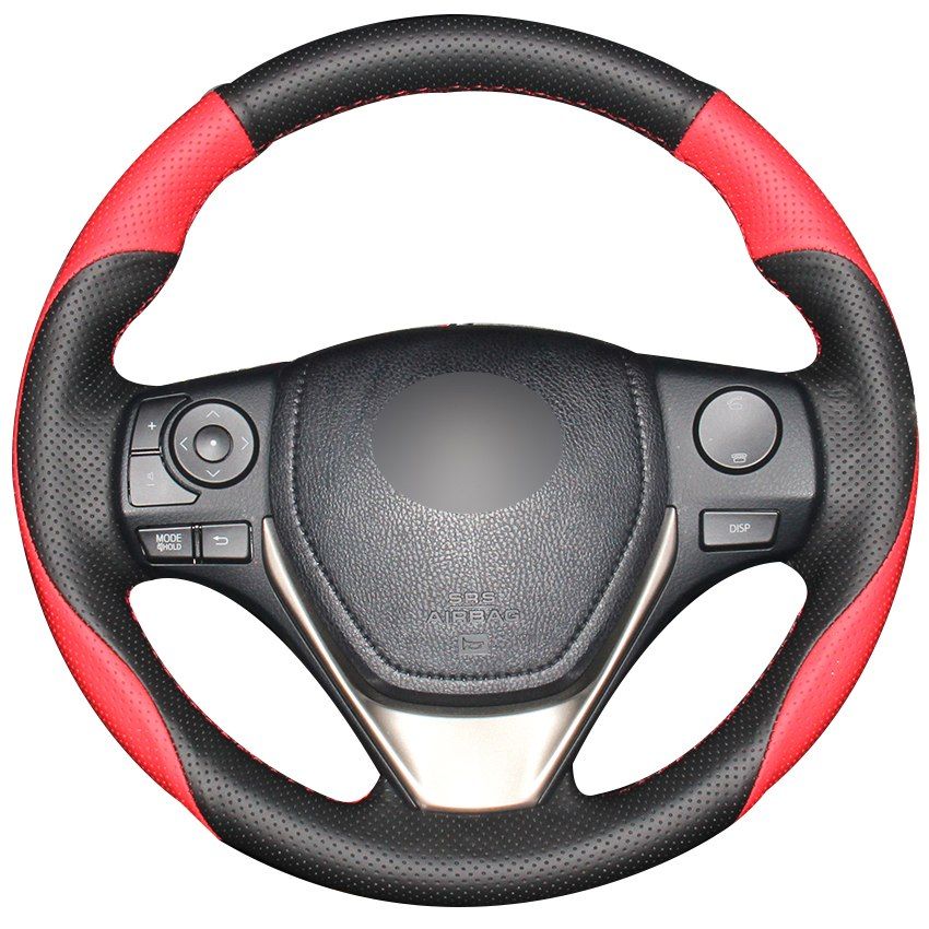 Black Red Natural Leather Car Steering Wheel Cover For Toyota RAV4 2013