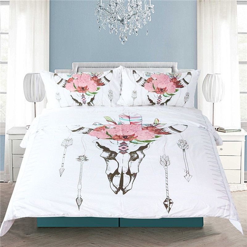 Tribal Skull Bedding Set Floral Printed Duvet Cover With