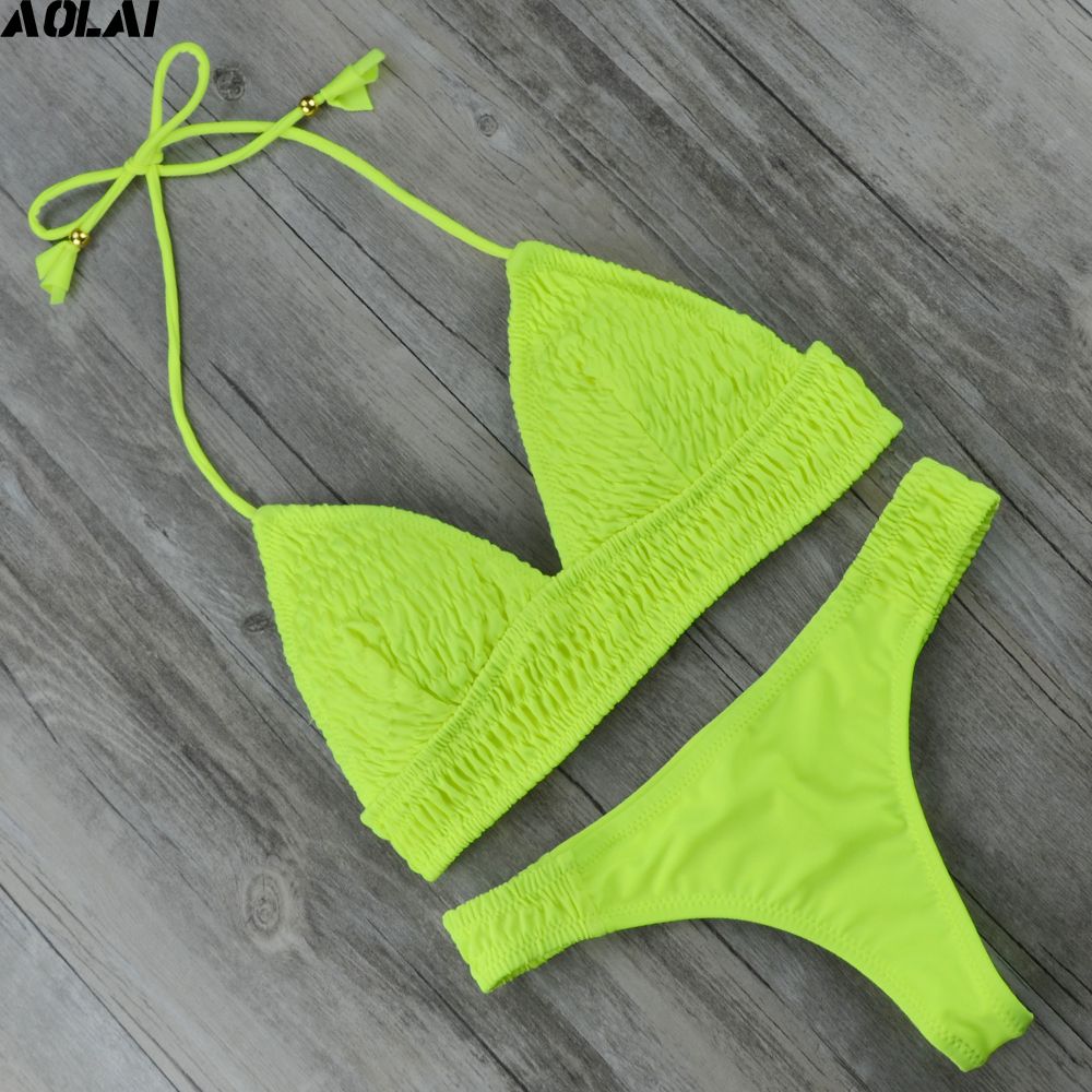 2021 Scrunched Bikini Yellow Swimwear Women Strappy Swimsuit Halter ...