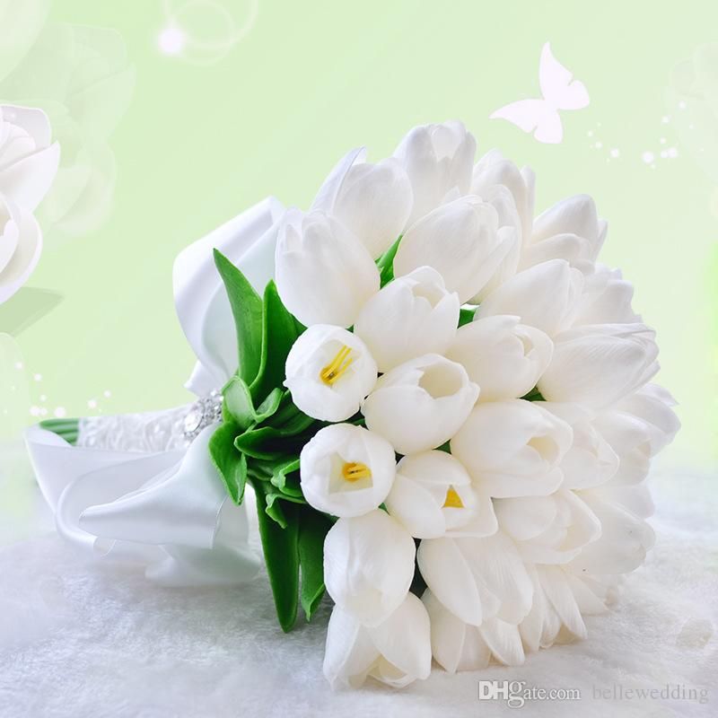 Artificial Wedding Bouquets With White Tulips Rhinestones Lace Ribbons Bow  Handmade Bridal Bouquets For Wedding #DB-B019