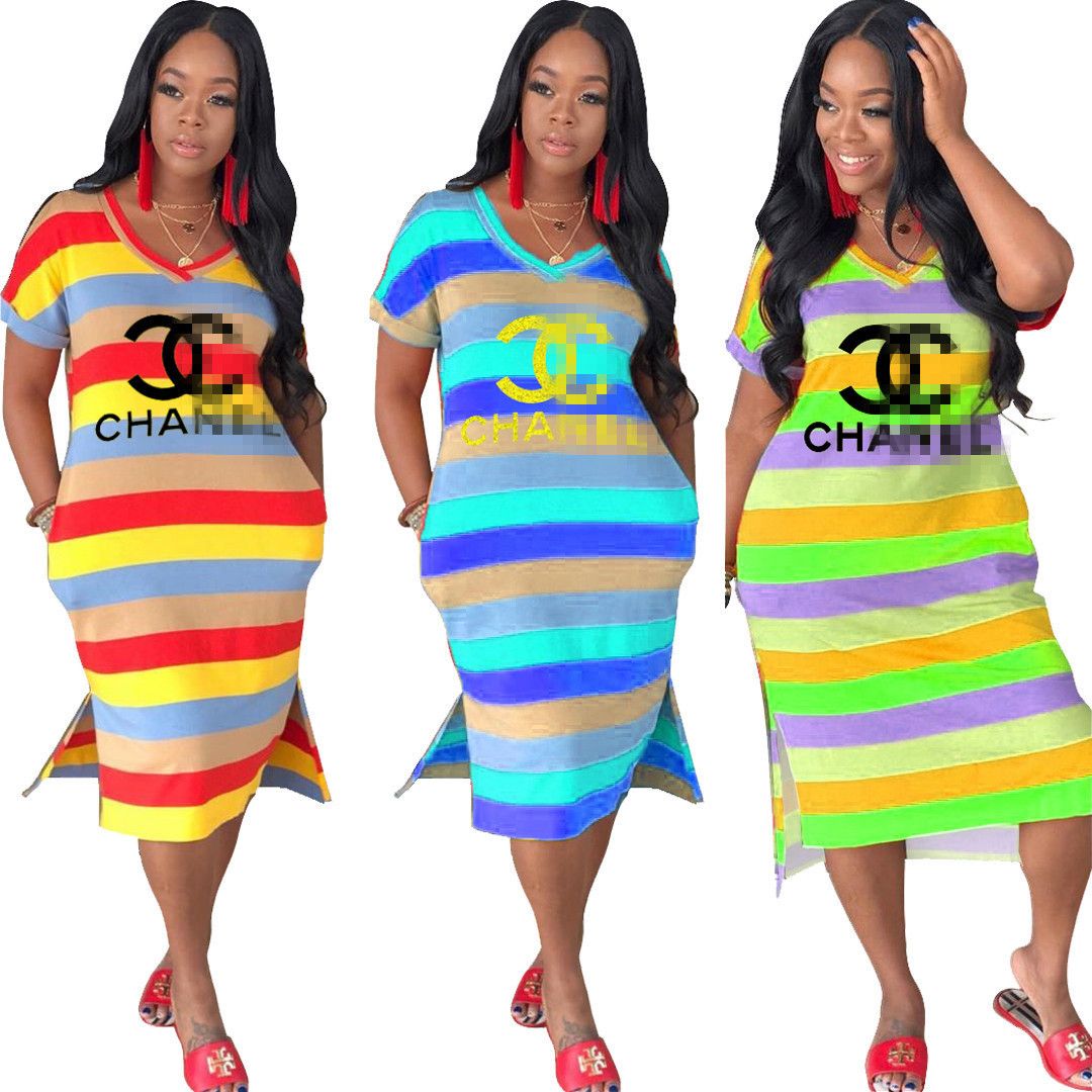 2019 Luxury Designer Dresses Gilding Letters Split Dresses Rainbow Stripe Casual T Shirt Long Dress Fashion Brand Dress Party Clothes Wear C7306 From Sweet Moon 14 87 Dhgate Com