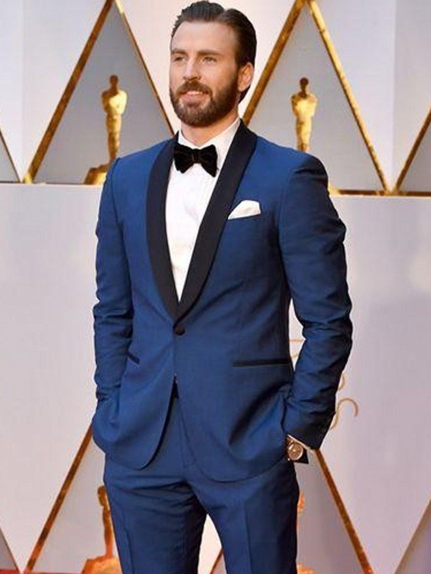 blue dinner jacket with black lapel