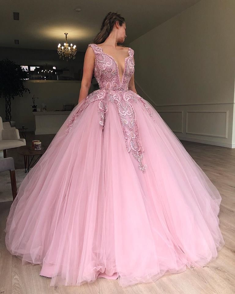 pink v neck gown