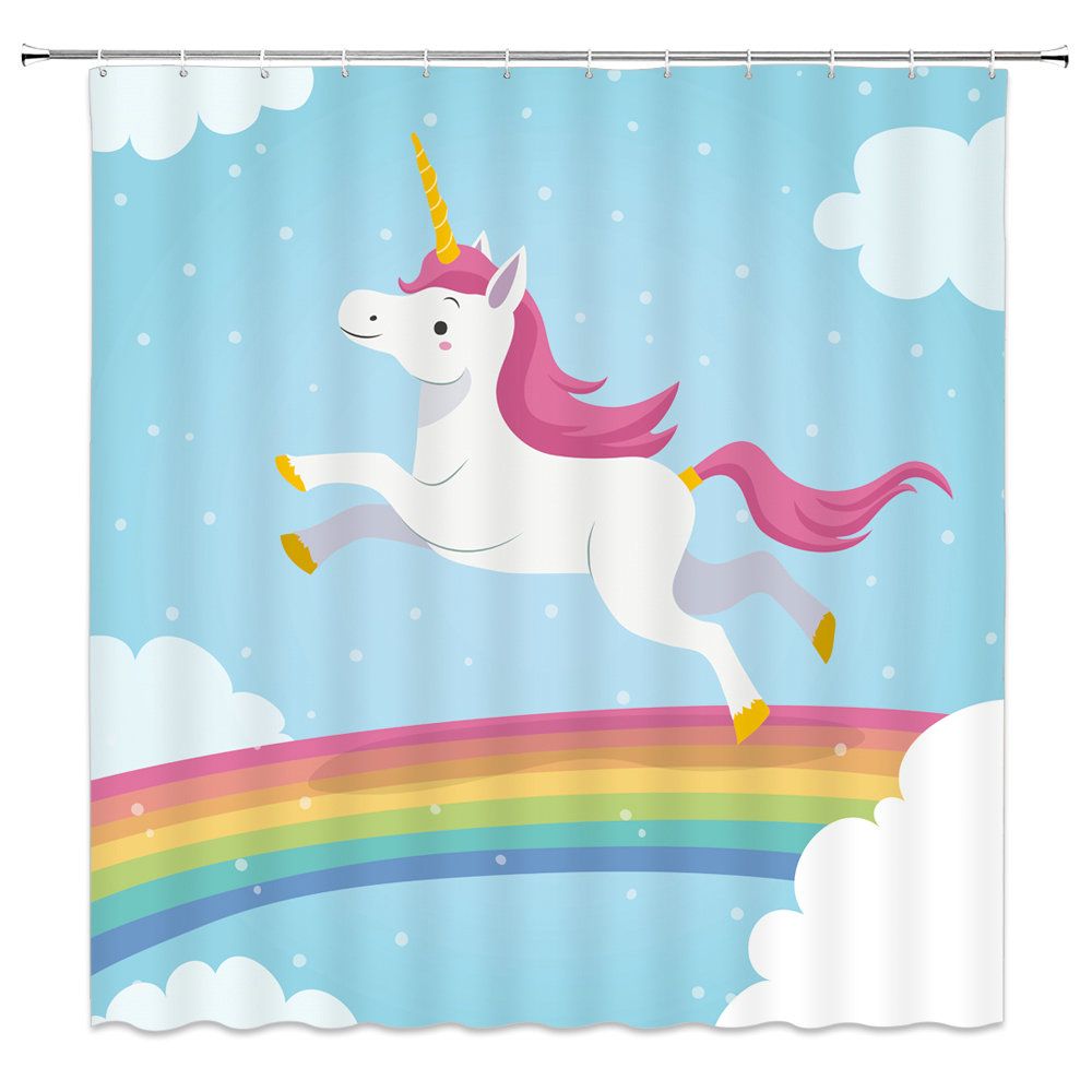 Dibujos Animados ARCO IRIS UNICORNIO Conjunto De Cortina De Ducha Tela De Poliéster Accesorios De Baño