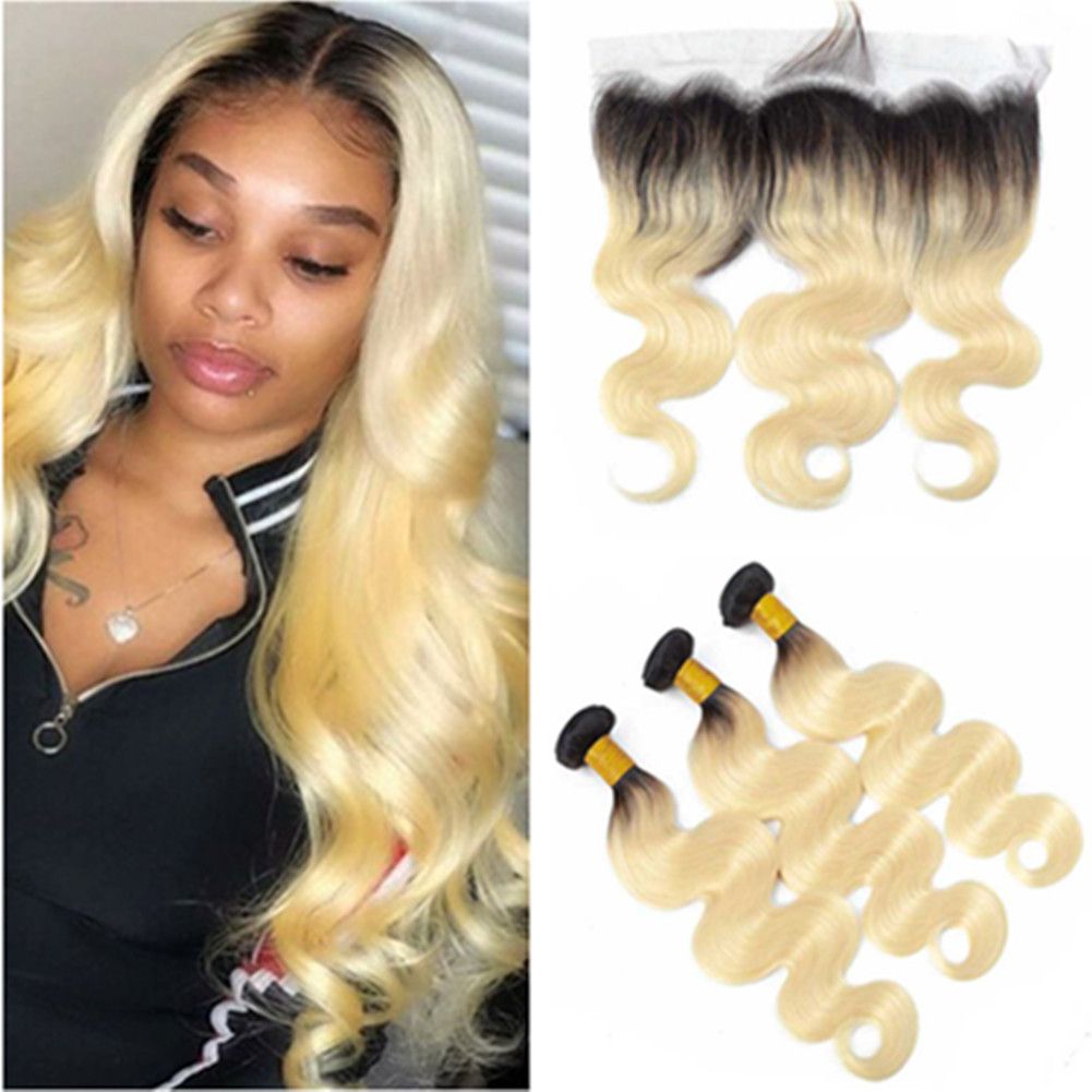 1b 613 Dark Roots Blonde Ombre Brazilian Wavy Human Hair 3bundles