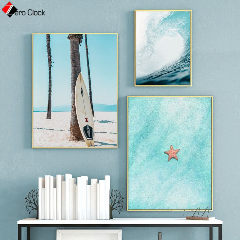 2020 Blue Seascape Canvas Painting Teal Ocean Water Print Surf