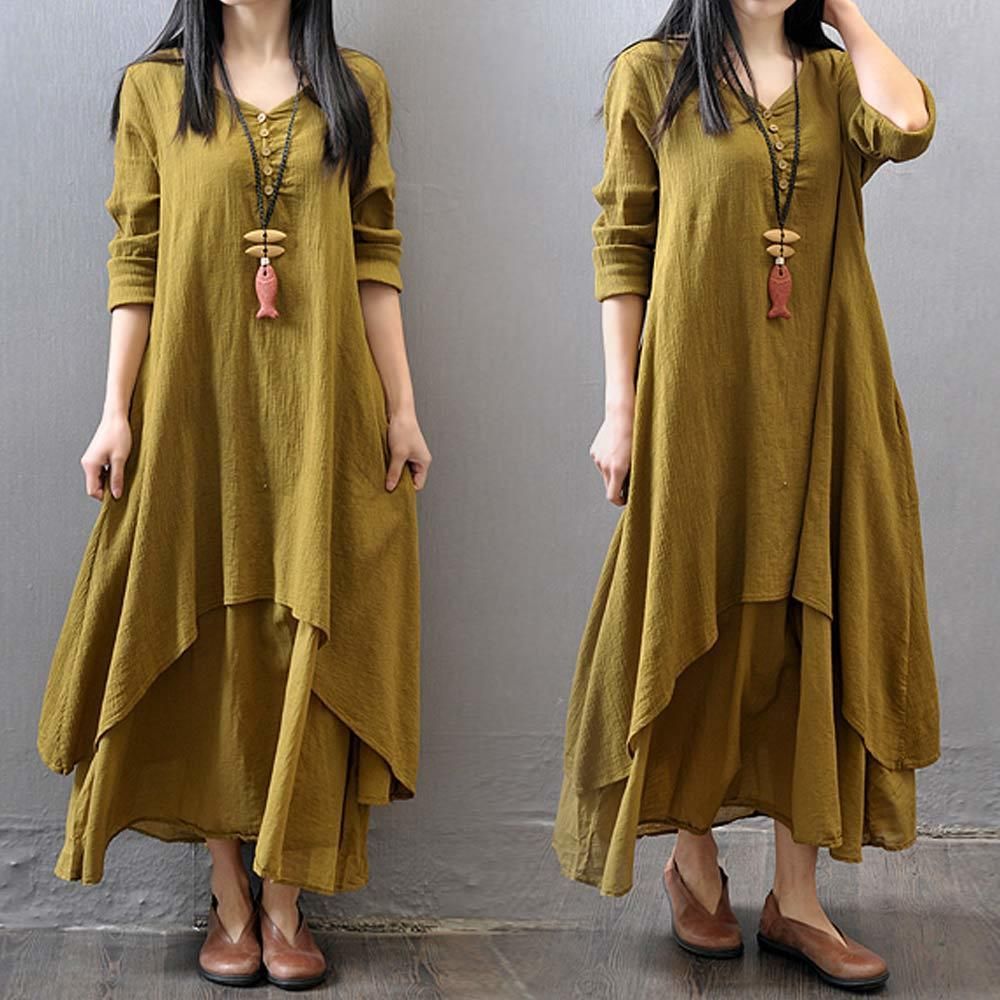 2020 3xl 4xl 5xl Loose Cotton Linen Maxi Dress Plus Size Breathe