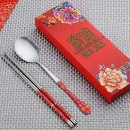 Stainless Steel Dinnerware Double Happiness Red Color Spoons