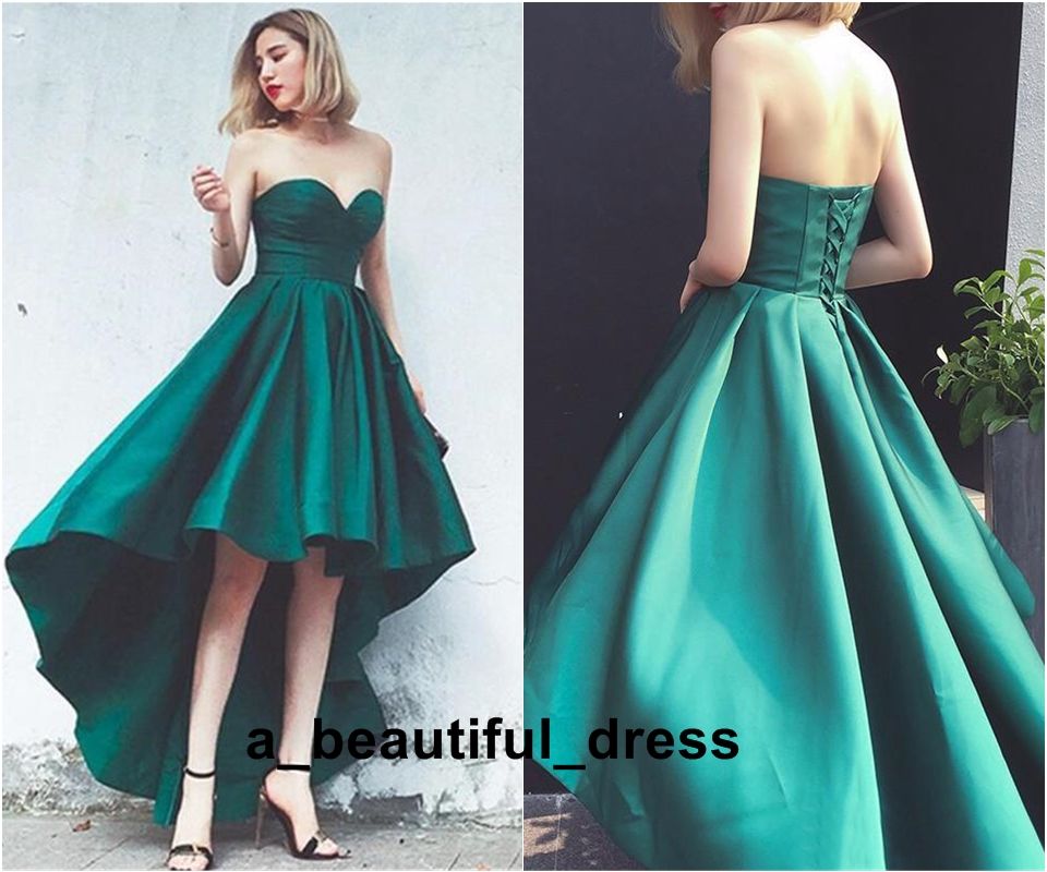 Simple Green Short Front Long Back Prom Evening Dresses Prom Sweetheart