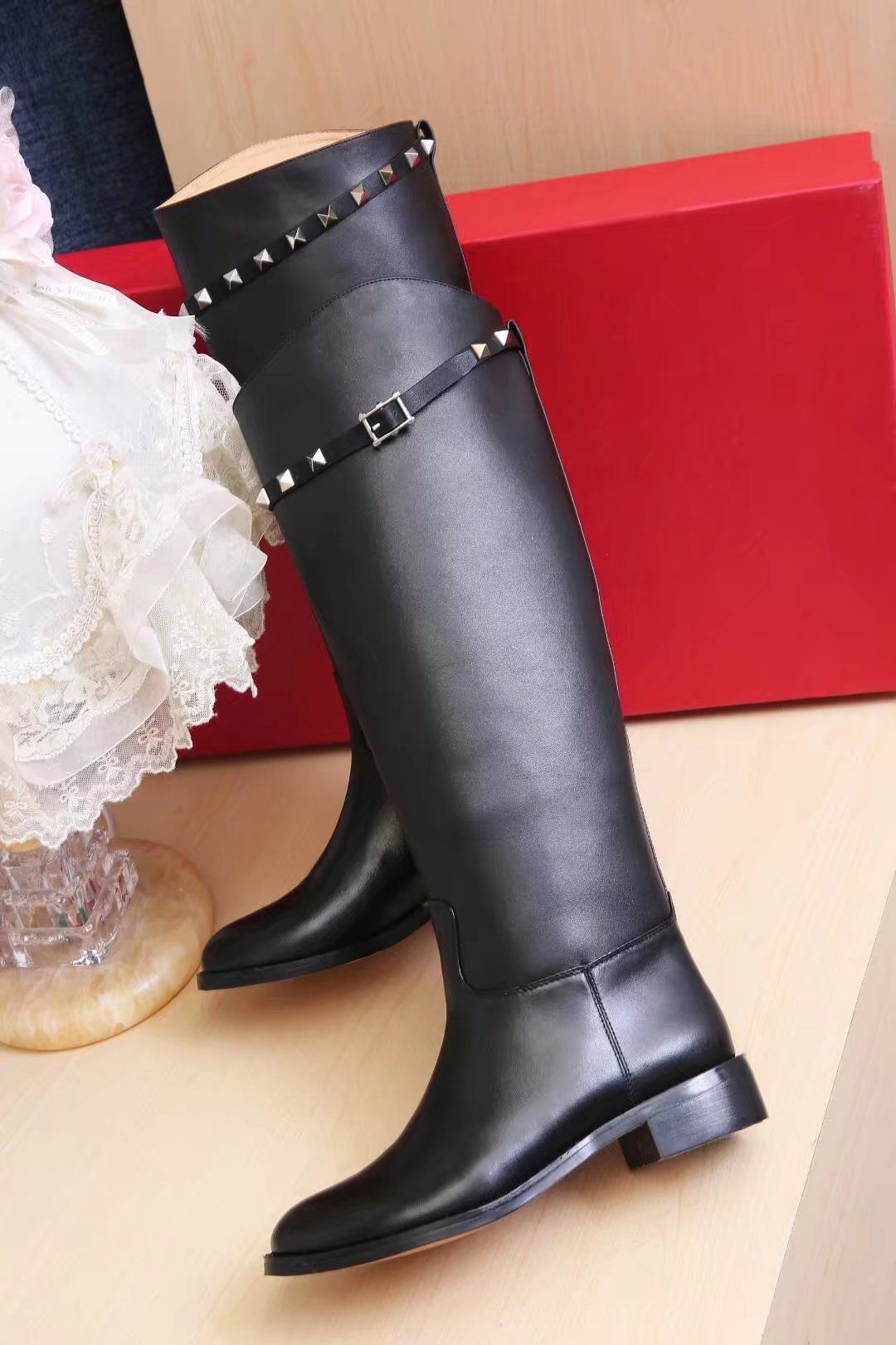 leather knee high flat boots