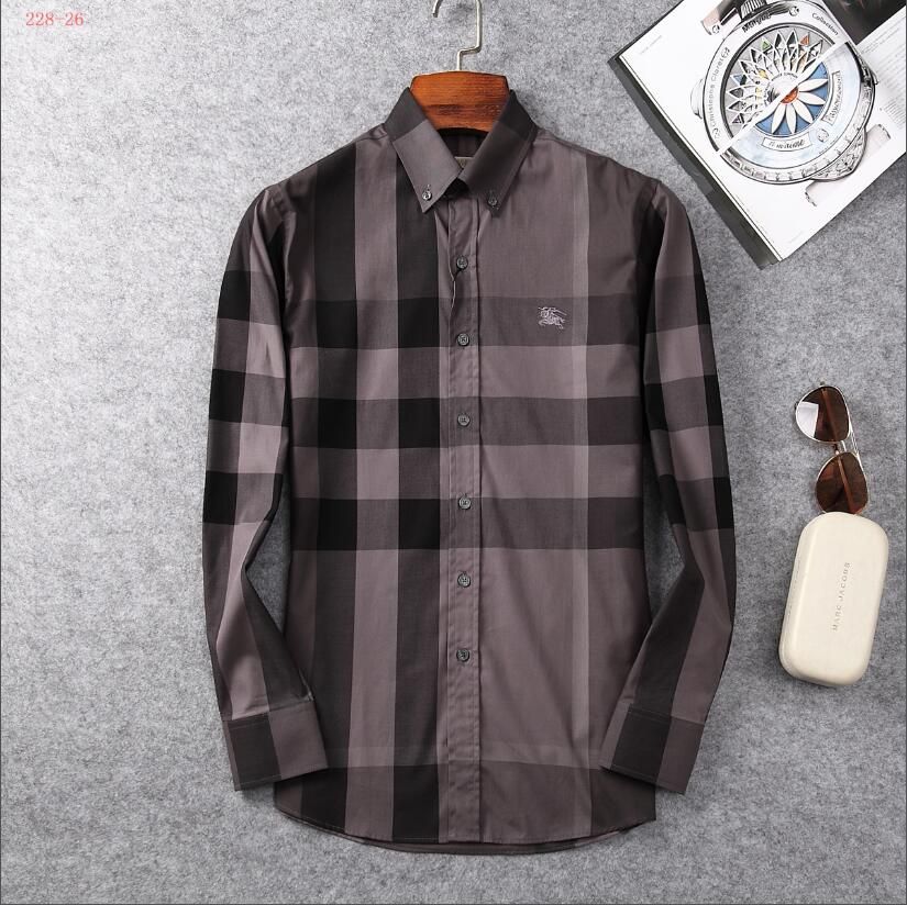 Burberry Brand Men's Business Casual Dress shirt men short sleeve striped  slim fit masculina social male T-shirts new checked shirts 003
