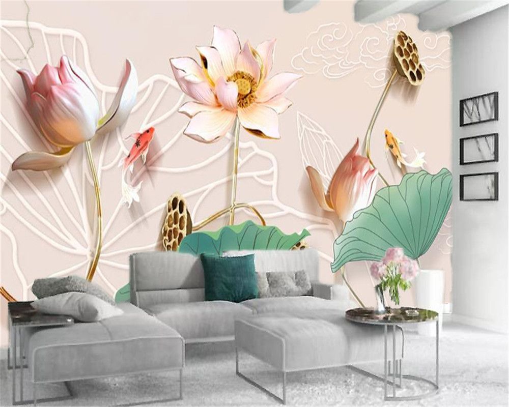 3d Wallpaper Mural 3d stereo relief pink lotus auspicious goldfish custom  HD floral Interior Decoration Wallpaper