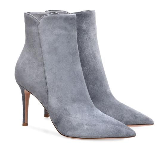 Botas de mujer Zapatos de invierno altos Botines de ante gris Moda Zapatos de punta