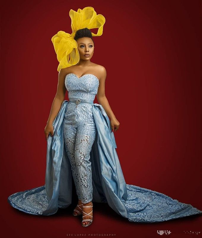 Sky Blue Prom Jumpsuit With Detachable 