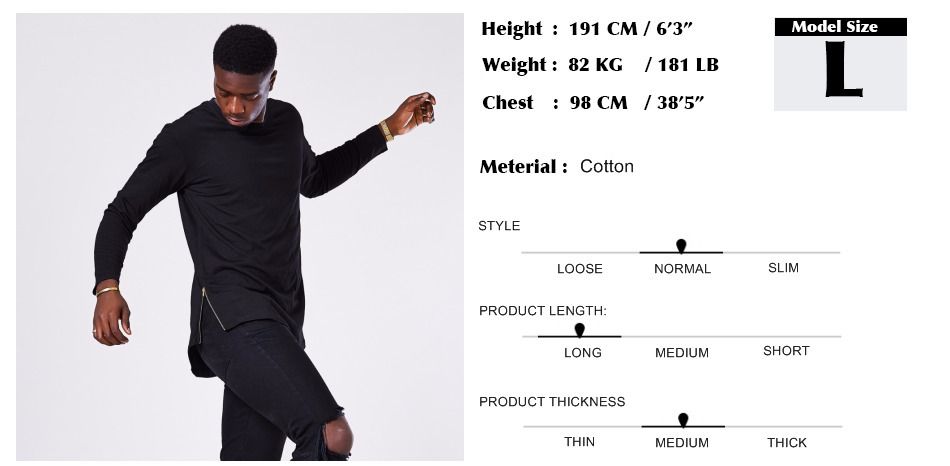 Male Fashion Trend Street Wear T Shirt Men Extend Swag Side Zip T