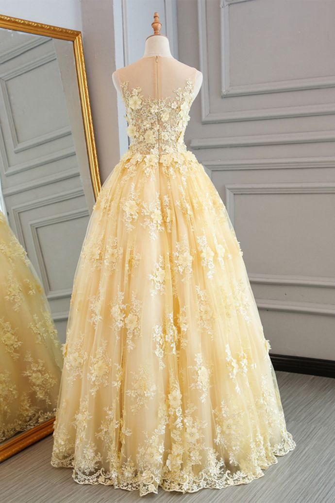 Amarilla hecha a mano de flores de encaje Prom Vestidos vestido largo de escote formal Sheer Amarilla hecha a mano de flores de encaje Prom Vestidos vestido largo de escote formal Sheer
