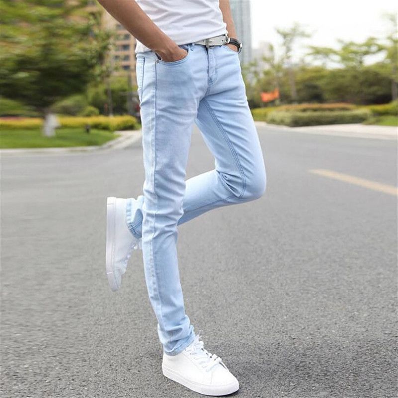 Hot koop heren goedkope jeans slim fit mannen jeans broek stretch lichtblauwe broek hoge kwaliteit mode koe jongen man
